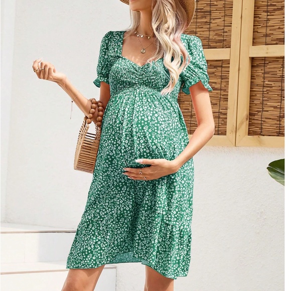 Maternity Floral Print Puff Sleeve High Waisted Ruffle Hem Mini Dress - Picture 8 of 8
